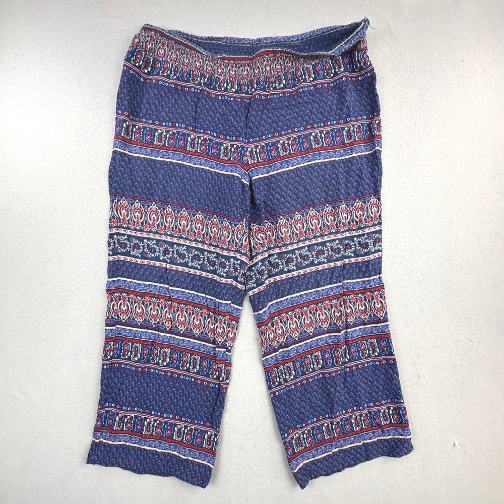 Established 1962 Paisley Boho Wide Leg Crop Pants Blue Red Womens 2X Rayon